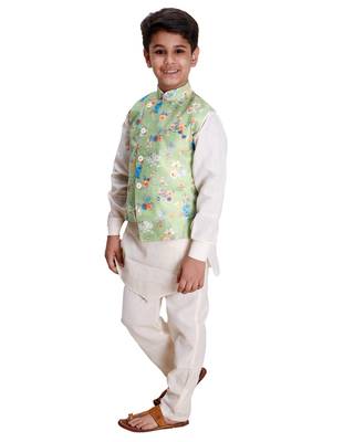 Green printed cotton silk boys-kurta-pyjama 3