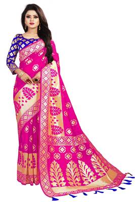Pink woven cotton silk saree with blouse 1