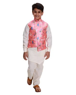 Pink printed cotton silk boys-kurta-pyjama 1