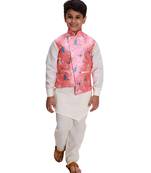 Pink printed cotton silk boys-kurta-pyjama