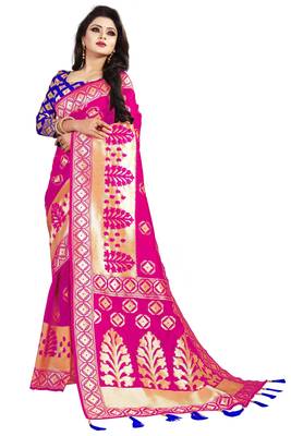 Pink woven cotton silk saree with blouse 3
