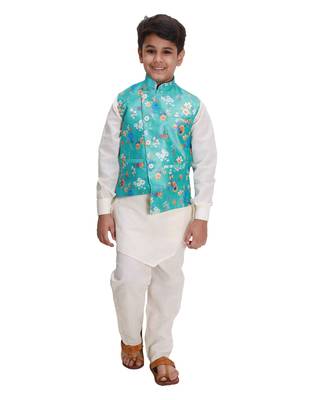 Turquoise printed cotton silk boys-kurta-pyjama 1