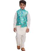 Turquoise printed cotton silk boys-kurta-pyjama