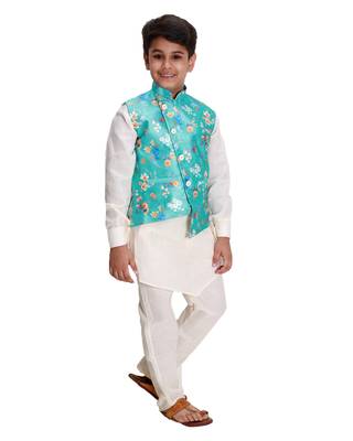Turquoise printed cotton silk boys-kurta-pyjama 2