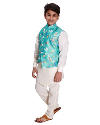 Turquoise printed cotton silk boys-kurta-pyjama 3