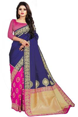 Navy blue woven cotton silk saree with blouse 1
