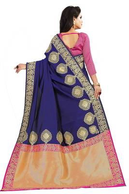Navy blue woven cotton silk saree with blouse 4