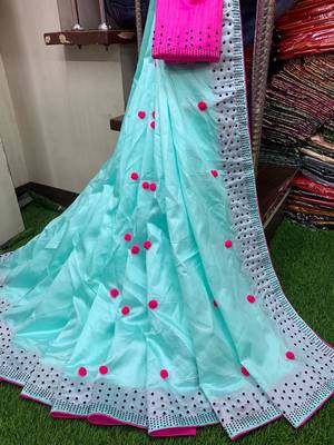 blue art silk pompom saree with blouse 1