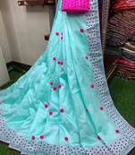 blue art silk pompom saree with blouse