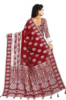 Maroon woven cotton silk saree with blouse 4