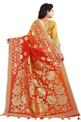 Orange woven cotton silk saree with blouse 4