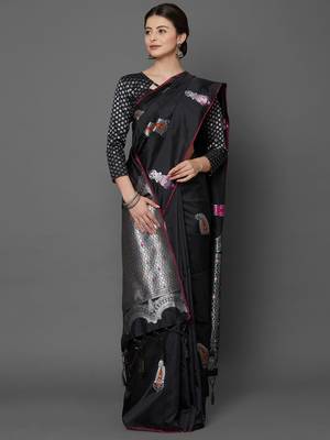 Black woven cotton silk saree with blouse 2