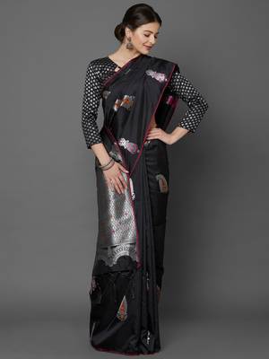 Black woven cotton silk saree with blouse 4