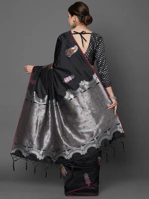 Black woven cotton silk saree with blouse 5