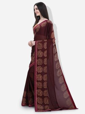 Brown printed georgette saree with blouse 2