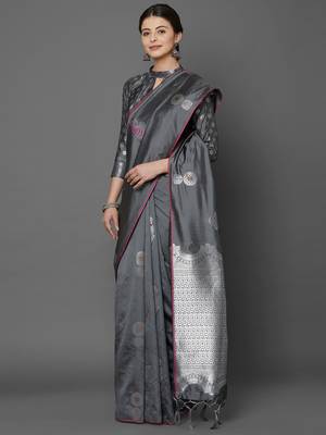 Grey woven cotton silk saree with blouse 5