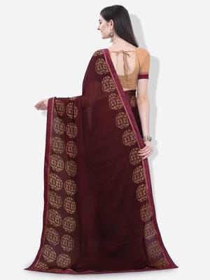 Brown printed georgette saree with blouse 3