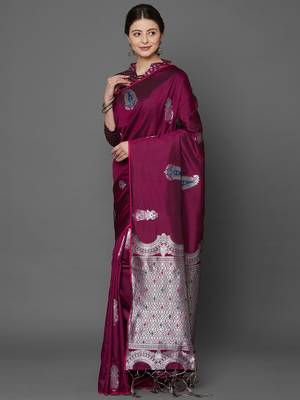Magenta woven cotton silk saree with blouse 3