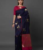 Navy blue woven cotton silk saree with blouse