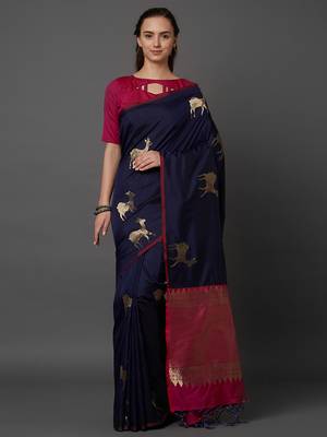 Navy blue woven cotton silk saree with blouse 2