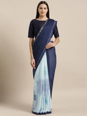 Navy blue printed georgette saree with blouse 1