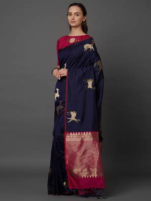Navy blue woven cotton silk saree with blouse 3