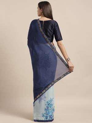 Navy blue printed georgette saree with blouse 2