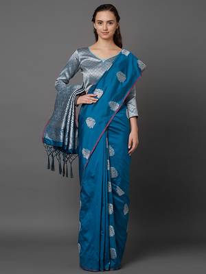 Blue woven cotton silk saree with blouse 1