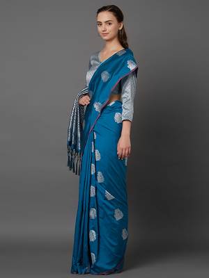 Blue woven cotton silk saree with blouse 3