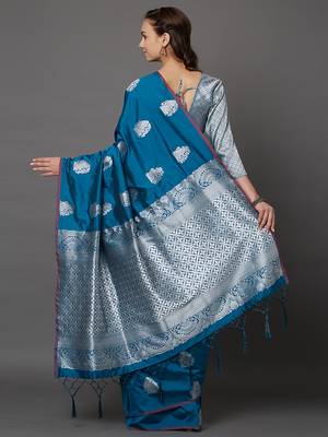 Blue woven cotton silk saree with blouse 4