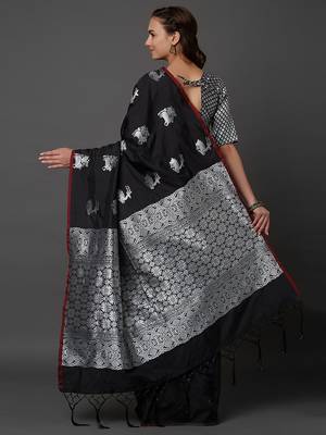 Black woven cotton silk saree with blouse 4
