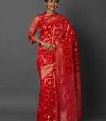 Red woven cotton silk saree with blouse