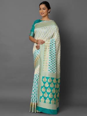 Off white woven cotton silk saree with blouse 4