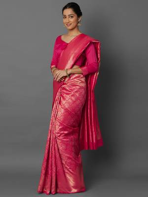 Pink woven cotton silk saree with blouse 4
