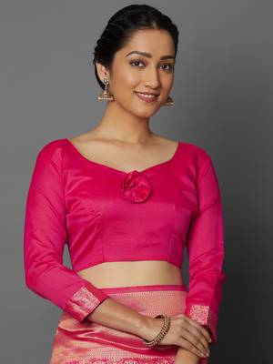 Pink woven cotton silk saree with blouse 5