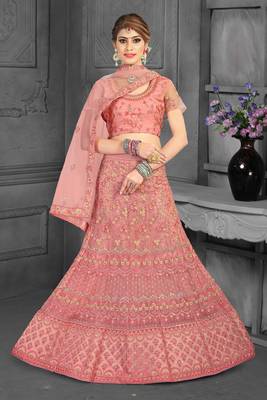 Light-Pink Embroidered Net Semi Stitched Lehenga 1