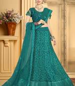 Teal Embroidered Net Semi Stitched Lehenga