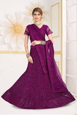 Purple Embroidered Net Semi Stitched Lehenga 1