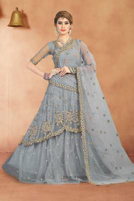 Grey Embroidered Net Semi Stitched Lehenga 1