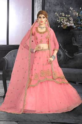 Pink Embroidered Net Semi Stitched Lehenga 1