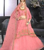 Pink Embroidered Net Semi Stitched Lehenga
