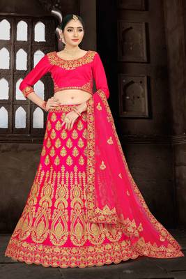 Pink Embroidered Satin Semi Stitched Lehenga 1