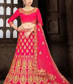 Pink Embroidered Satin Semi Stitched Lehenga