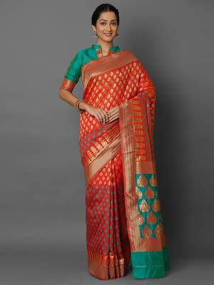 Orange woven cotton silk saree with blouse 2