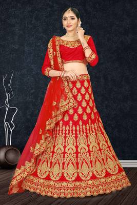 Red Embroidered Satin Semi Stitched Lehenga 1