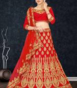 Red Embroidered Satin Semi Stitched Lehenga