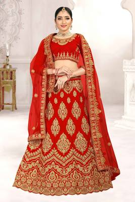 Red Embroidered Satin Semi Stitched Lehenga 1