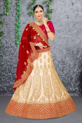 Beige Embroidered Satin Semi Stitched Lehenga 1