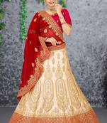 Beige Embroidered Satin Semi Stitched Lehenga