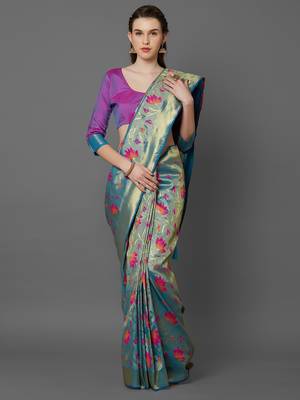 Turquoise woven cotton silk saree with blouse 1